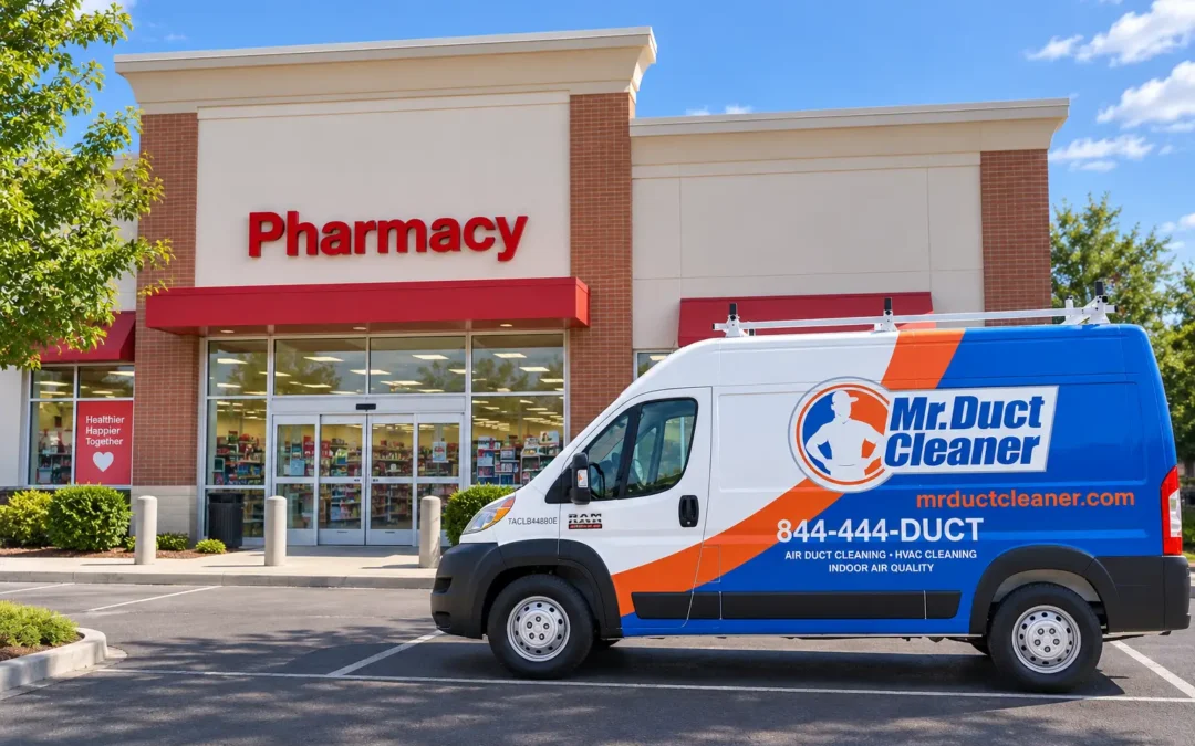 Mr. Duct Cleaner service van parked outside a large retail store representing commercial air duct cleaning services