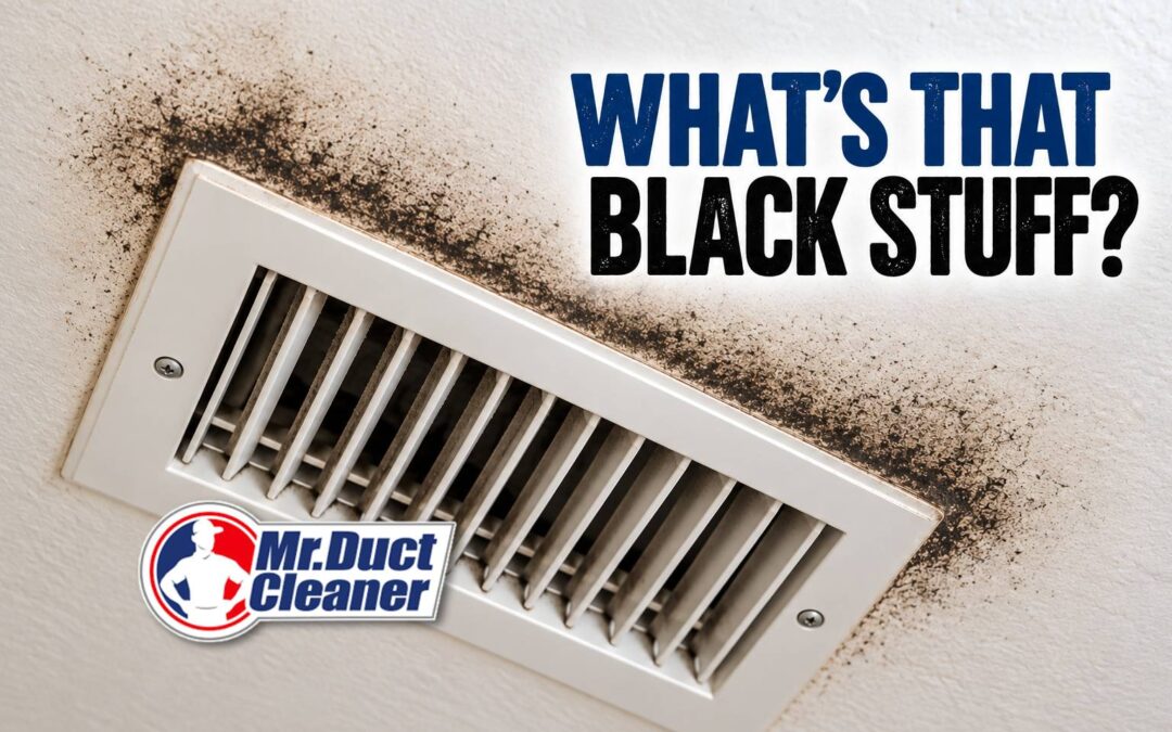 Black dust and dark staining around a white HVAC ceiling vent