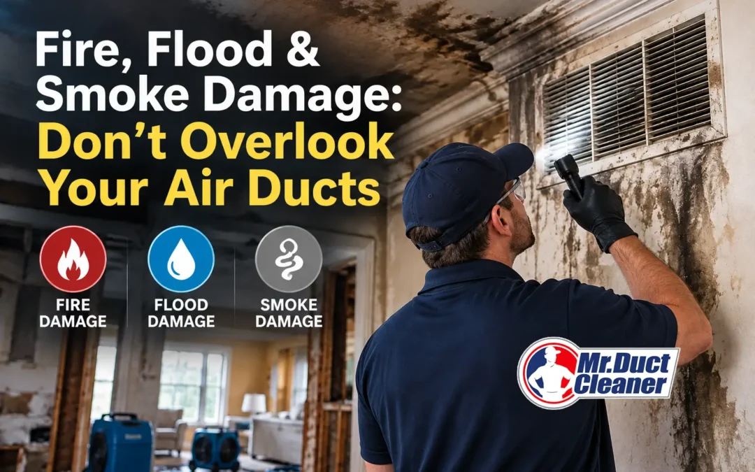 HVAC technician inspecting a smoke-damaged air return vent following a house fire, highlighting the importance of professional air duct cleaning after fire, flood, or smoke damage.