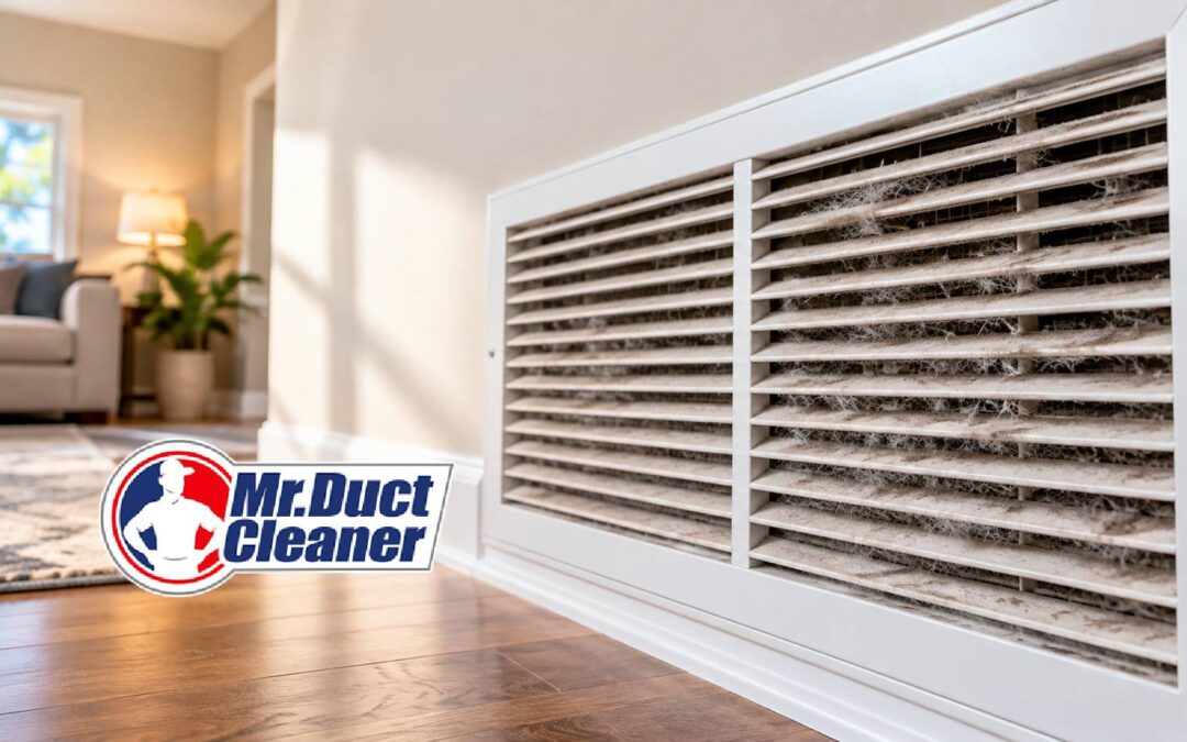 Dust and pet hair accumulating on a home's HVAC return air vent grille
